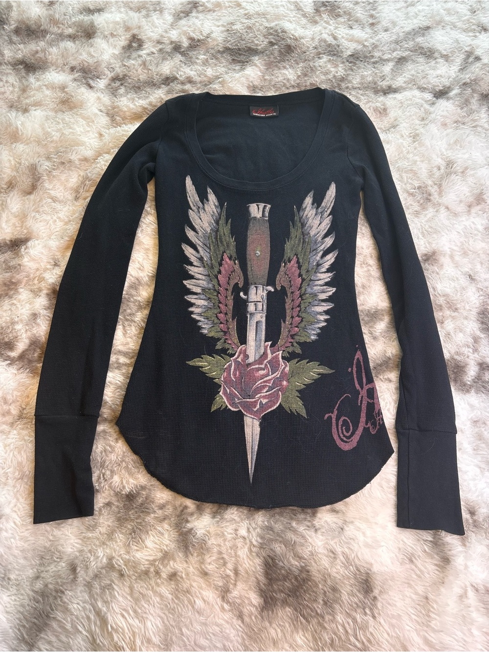 Rare VintageY2K Hustler Black Long Sleeve Graphic Tee with Rose & Dagger - Picture 8 of 8